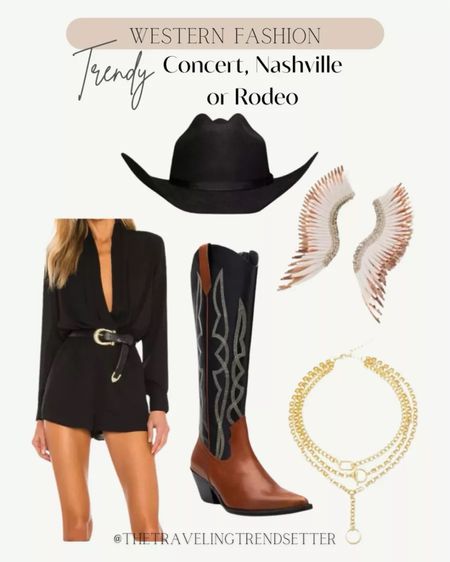 Love this western fashion ideas for a country concert outfit, nashville outfit idea, or rodeo outfit! Featuring a black romper, cowgirl boots, cowboy hat, and chic western jewelry.
5/4

#LTKstyletip #LTKSeasonal #LTKFestival