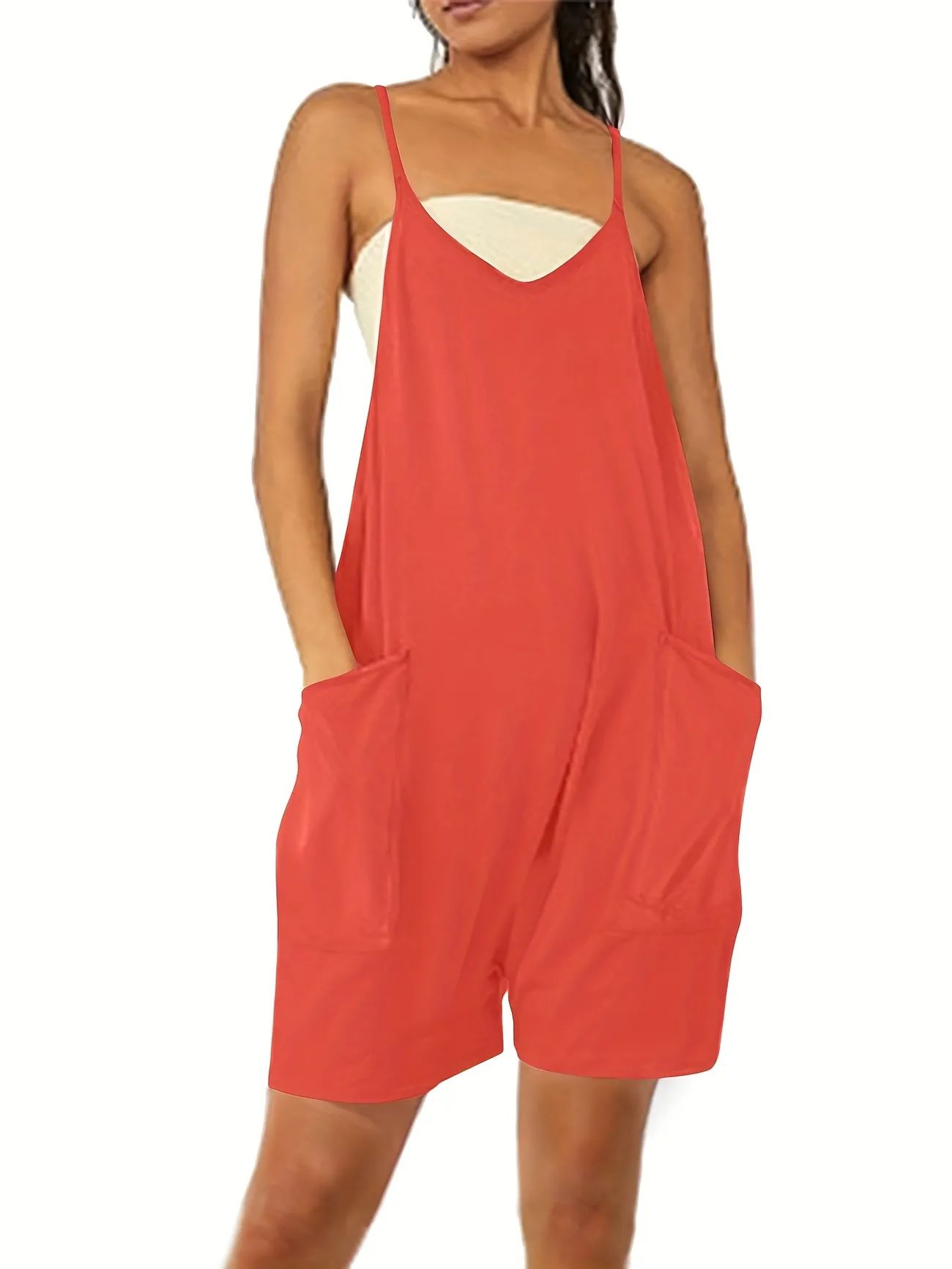 V Neck Sleeveless Romper, Solid Casual Pocket Jumpsuit For Summer & Spring, Women's Clothing | Temu Affiliate Program