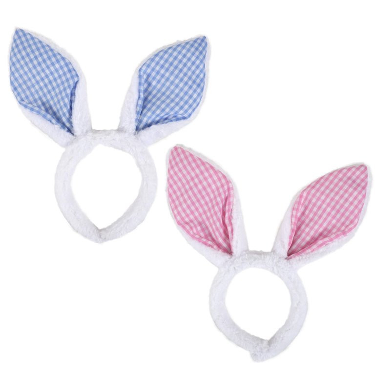Pink Blue Gingham Plaid Happy Easter Bunny Ears Plush Headband Set | Walmart (US)