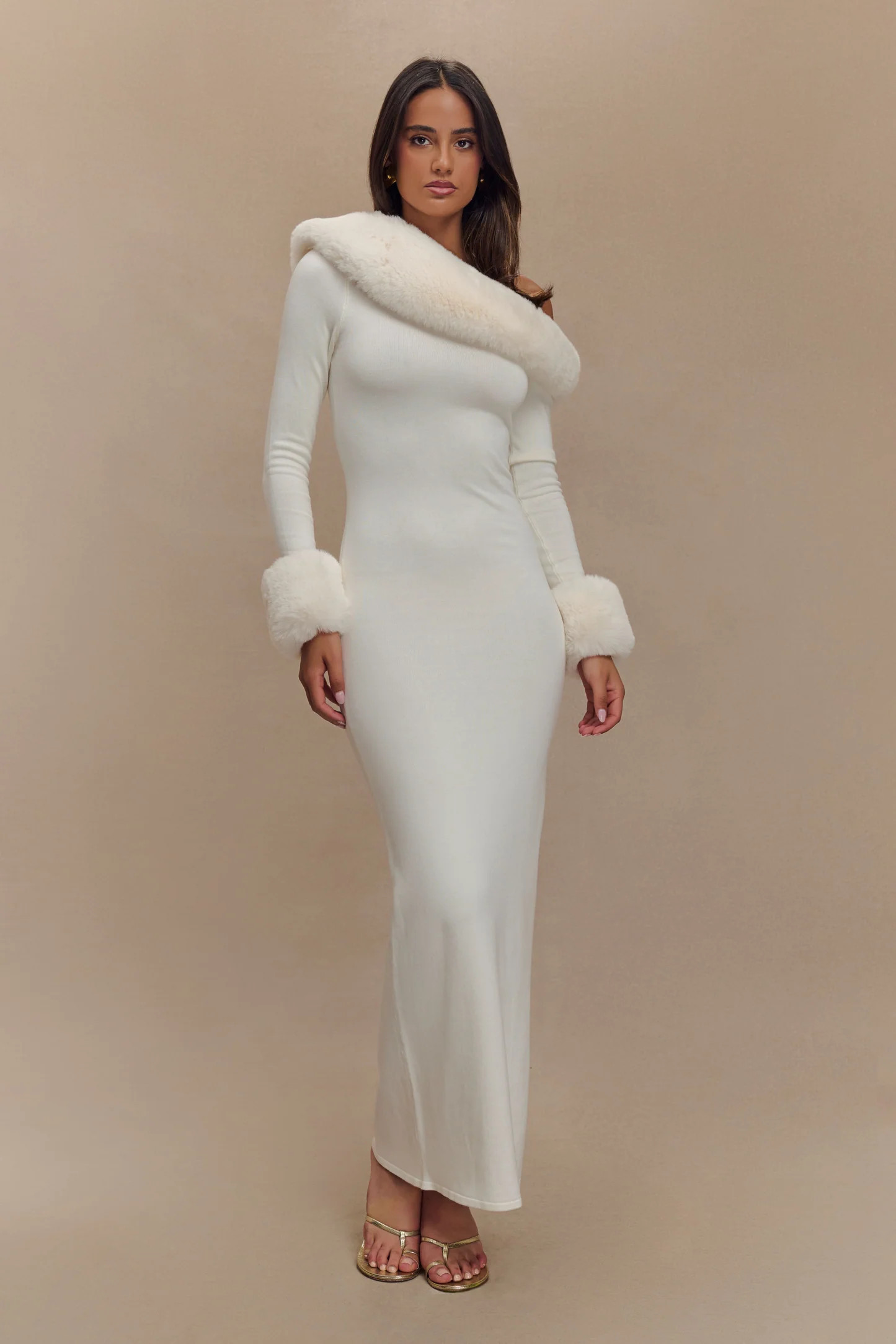 Karleigh Faux Fur Knit Maxi Dress - Ivory | MESHKI US