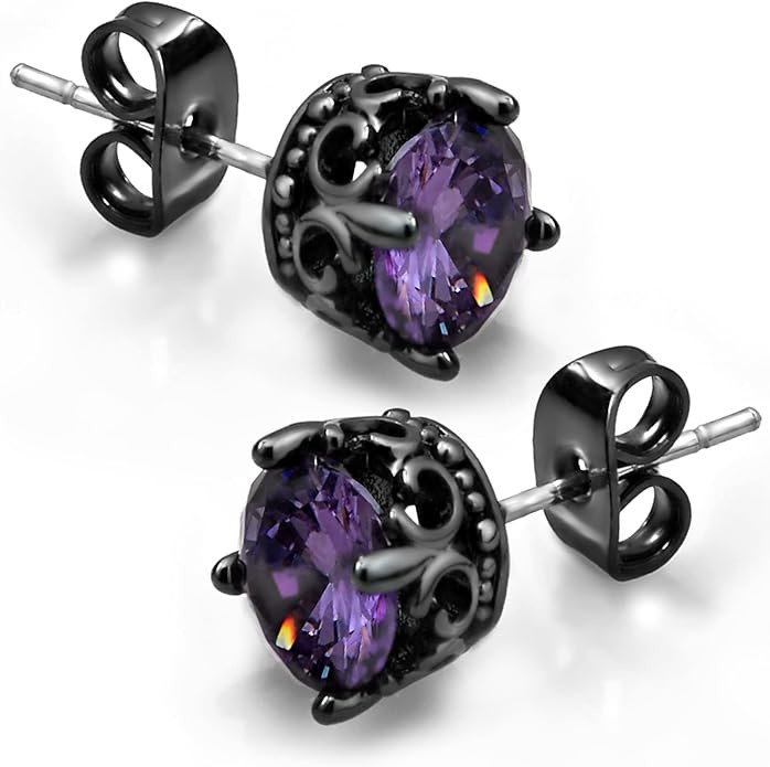 Purple and Black Earrings for Women Men, Retro Cubic Zirconia Stud Earrings Stainless Steel Cool ... | Amazon (US)