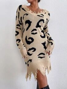 V-neck Leopard Pattern Distressed Sweater Dress Without Belt
   SKU: sw2107114614414114      
   ... | SHEIN