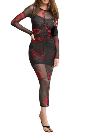 Good American Ruched Long Sleeve Mesh Maxi Dress in Moody Red Roses001 at Nordstrom Rack, Size Medium | Nordstrom Rack