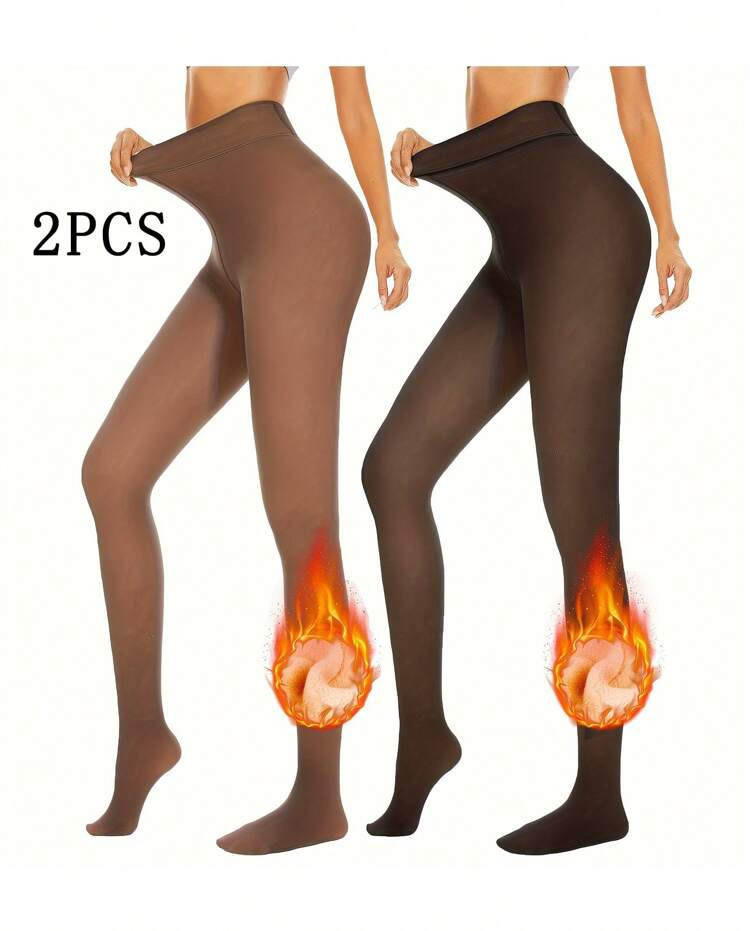 2pcs Women's Fleece-Lined Tights, Warm Close-Fitting Leggings, Soft Elastic High-Waisted, Autumn ... | SHEIN
