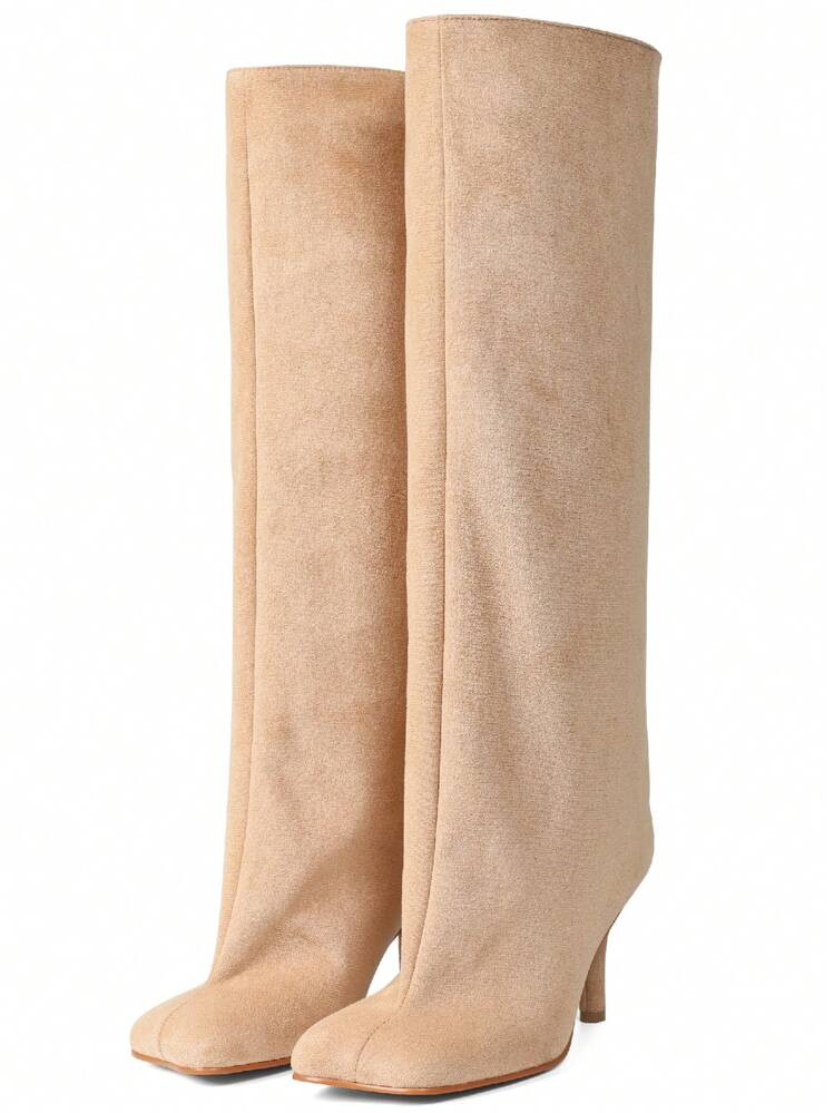 Knee High Boot Square Toe Kitten Heel Stiletto Heeled Boots For Woman Apricot Suede Wide Calf Lon... | SHEIN