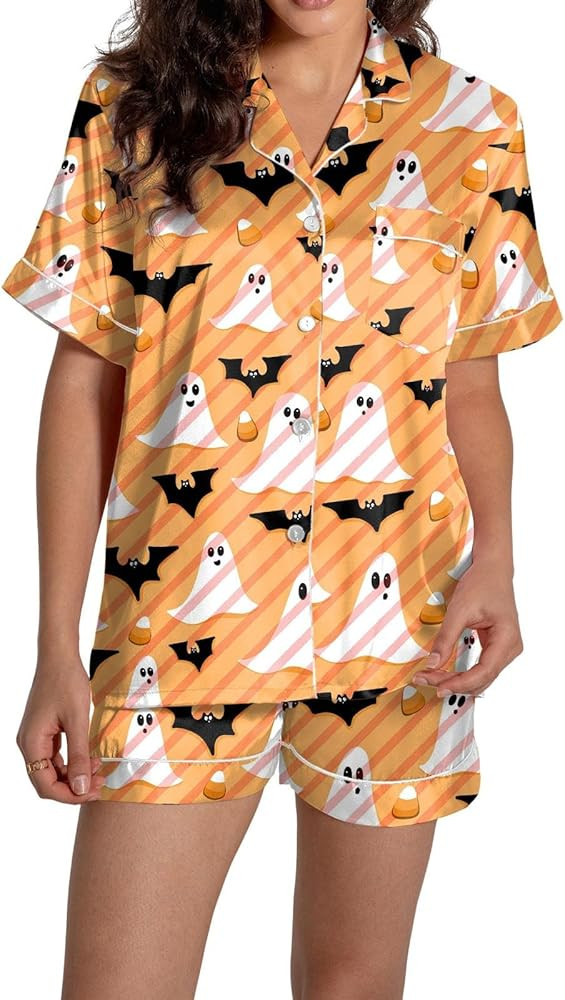 Halloween Pajamas Women 2Pc Sets Ghost Graphic Silk Satin Cute Sleepwear Button Down Short Sleeve... | Amazon (US)