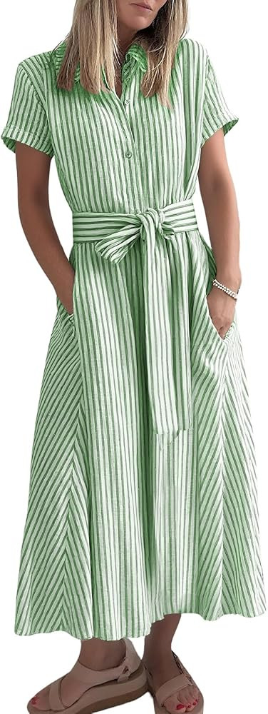 chouyatou Women's Summer Short Sleeve Striped Maxi Long Shirt Dress Boho Business Casual Cotton D... | Amazon (US)