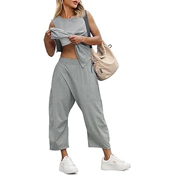 Fisoew Women's Summer 2 Piece Outfits Sleeveless Tank Tops and Wide Leg Pocketed Pants Workout Sw... | Amazon (US)