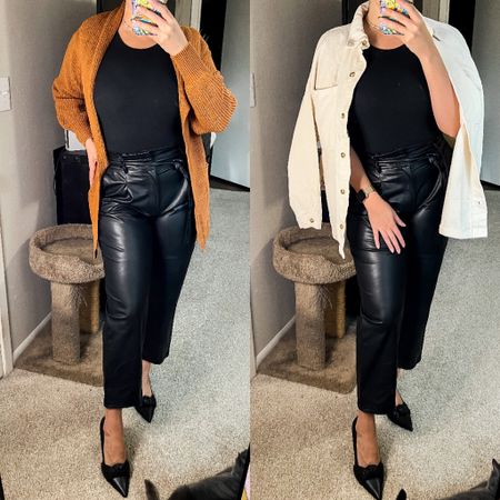 I cannot get enough vegan leather this winter season & you shouldn’t either! #ad 
everything found at #walmartfashion 

holiday winter looks:
black body suit 
cream cord shacket 
long cardigan sweater
faux leather pants 
knotted pointed toe pump
all @walmartfashion 
#walmartpartner 


#LTKcurves #LTKstyletip #LTKunder50