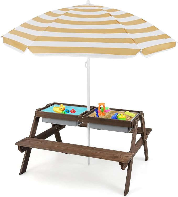 HONEY JOY Kids Picnic Table, 4 in 1 Cedar Wooden Sand & Water Table w/ 3 Removable Box & Umbrella... | Amazon (US)