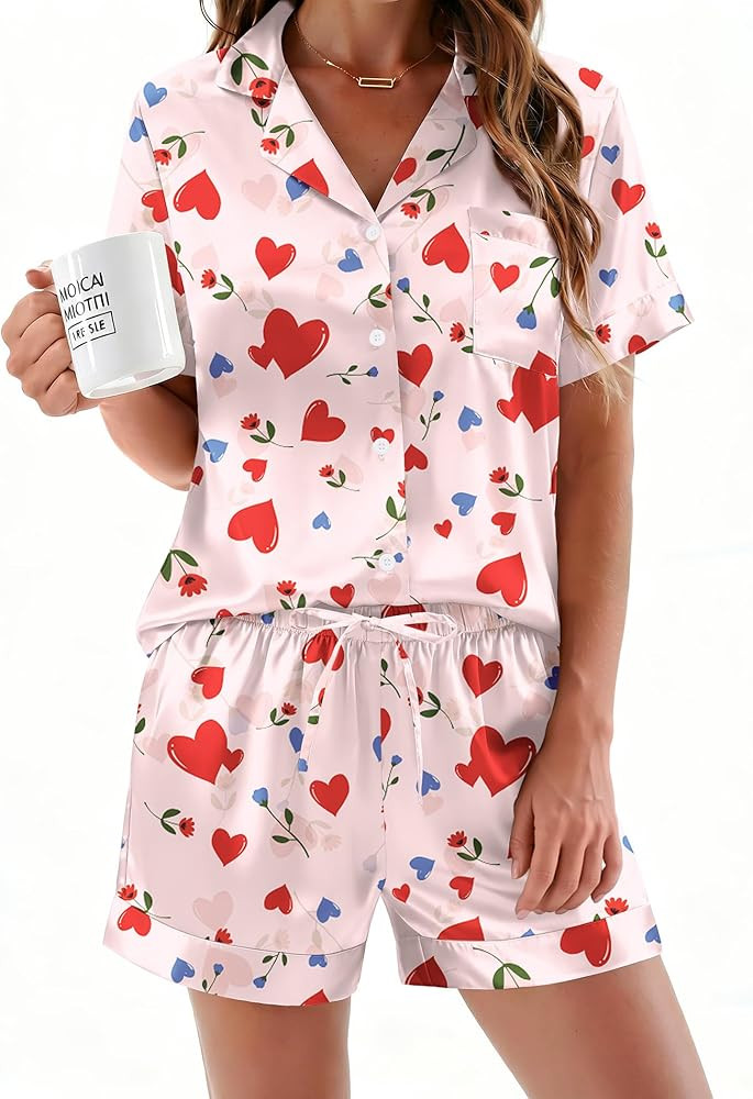 Ekouaer Womens Silk Satin Pajamas Sets 2 Piece Short Sleeve Sleepwear Button Down Top and Shorts ... | Amazon (US)