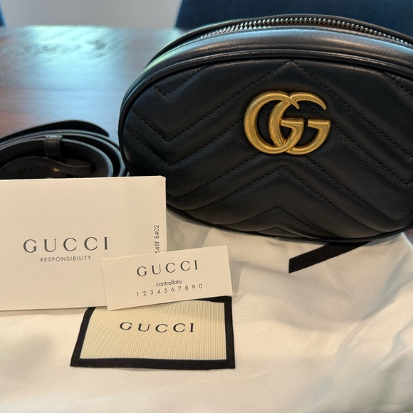 Gucci Black Leather Belt Bag with Gold Logo | Poshmark
