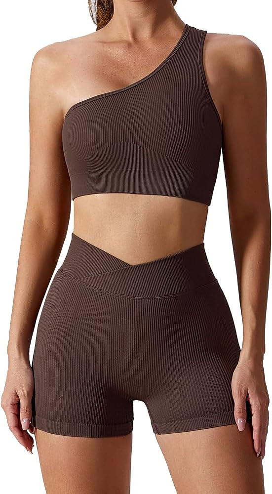 ABOCIW Workout Sets for Women 2 Piece One Shoulder Sport Bra Scrunch Butt Lifting High Wasit Bike... | Amazon (US)