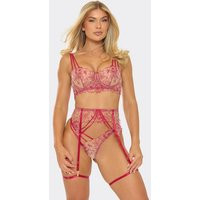 Strap Detail Floral Lingerie 3 Piece Set In Red Lace, Women's Size UK Small S | EGO (UK)