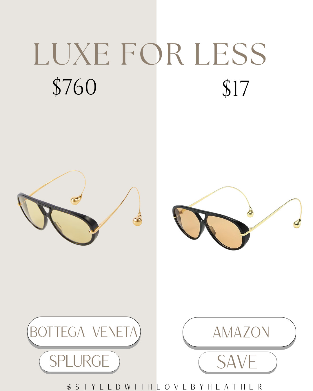 ✨ Luxe for Less: Designer-Inspired Statement Sunglasses ✨

Love the bold look of Bottega Veneta sunnies but not the $760 price tag? 😎 I found an Amazon pair with the same sculptural frame and gold arm detail for just $17.

Chic, statement-making, and the easiest way to elevate any outfit instantly.

Shop the Splurge vs. Save on my LTK ✨  

 #LTKstorytime #LTKvlog #LTKSaleAlert