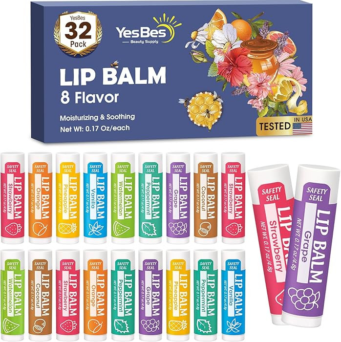 32 Pack Lip Balm, Natural Lip Balm Bulk with Vitamin E and Coconut Oil, Moisturizing Lip Balms fo... | Amazon (US)
