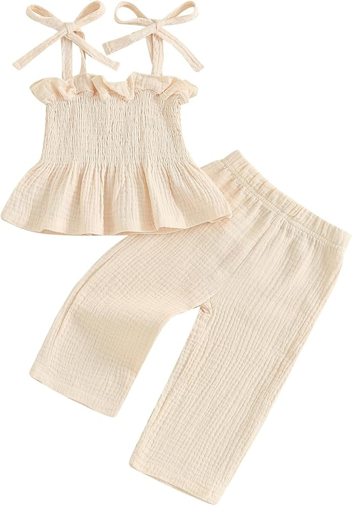 FOMOYUU Toddler Baby Girl Clothes Summer Tie-Up Ruffle Tops Linen Pants Set Infant Smocked Outfit | Amazon (US)