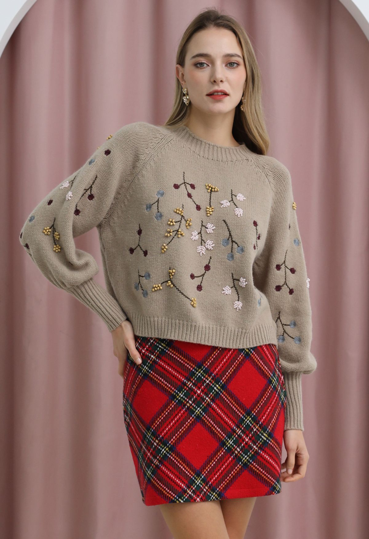 Red Tartan Wool-Blend Mini Bud Skirt | Chicwish