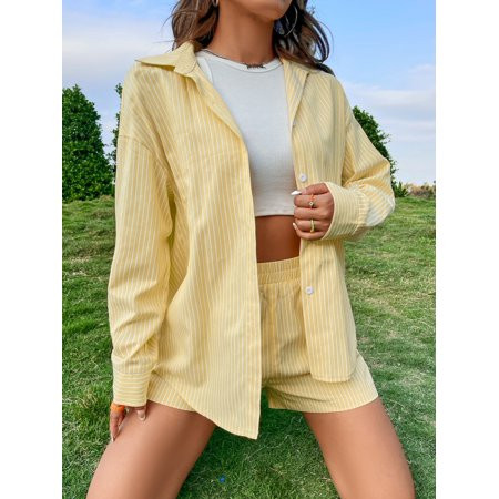 Summer Casual Yellow Women s Striped Drop Shoulder Blouse Shorts Set Without Tank Top L2201606D S(4) | Walmart (US)