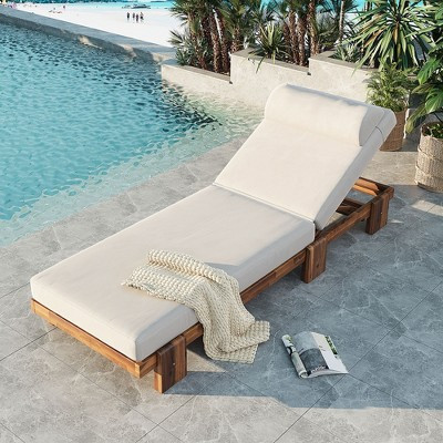 KTMBDW Outdoor Chaise Lounge Chairs for Outside Patio Furniture Wood Recliner Lounger with Headrest and Retractable Side Tray Adjustable Beige | Target