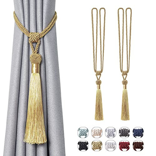 NICEEC 2 Pack Long Tassel Curtain Tiebacks Handmade Braided Rope Knot Drape Tie Backs European Style Decorative Curtain Holdbacks for Home & Office Window Drapery (Gold) | Amazon (US)