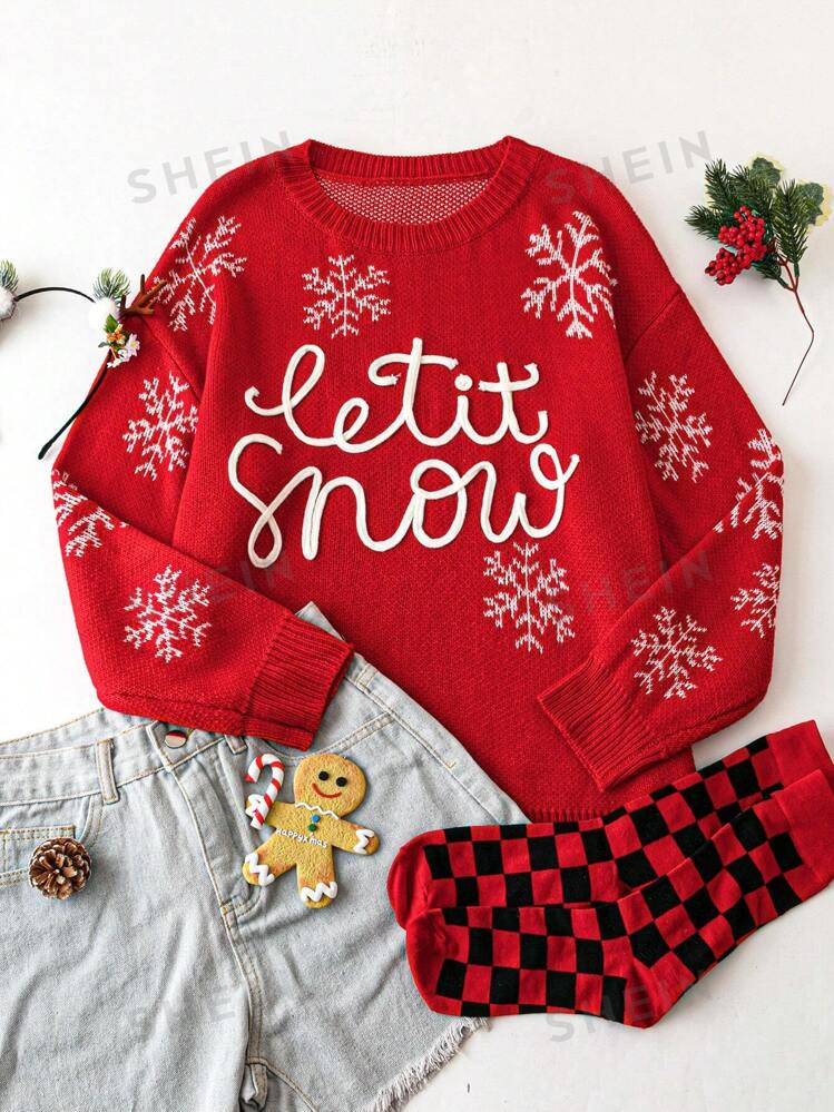 SHEIN LUNE Plus Size Christmas Snow Flake Red Color Sweater With English Text | SHEIN