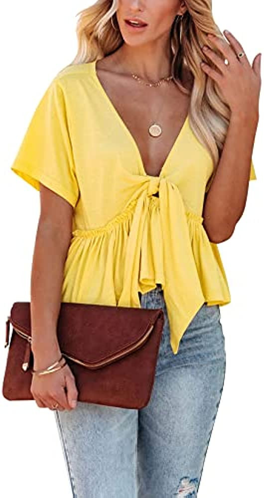 Fanway&EC Women's Short Sleeve V Neck Blouses Ruffle Hem Tie Front Crop Tops Lightweight Basic Su... | Amazon (US)