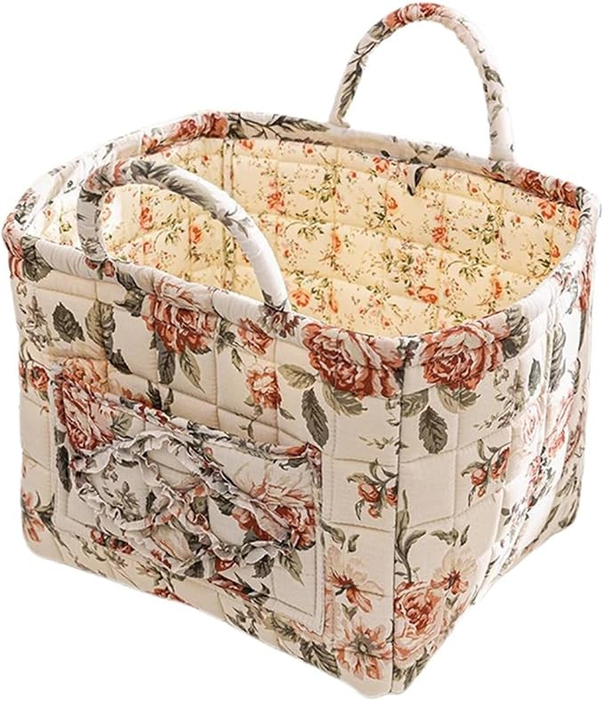 Quilted Fabric Storage Basket with Handles – Boho Foldable Floral Organizer Bin for Home, Picni... | Amazon (US)