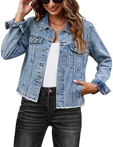 luvamia jean jacket for women womens jackets fall blue jean shirts women long shacket jacket women chaquetas de mujer women's denim shirt woman summer clothes Wishful Blue Size Medium Fits Size 8 10 | Amazon (US)