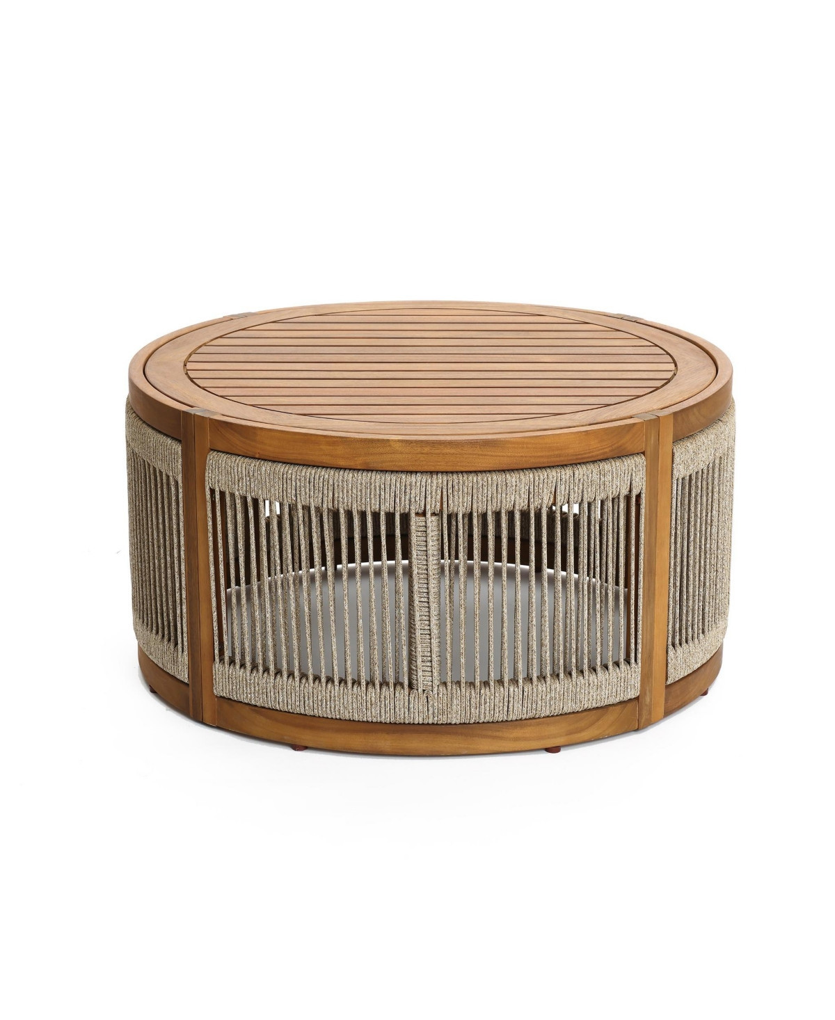 LuxenHome Outdoor Acacia Wood Rope Sides Round Drum Coffee Table - Natural | Macy's