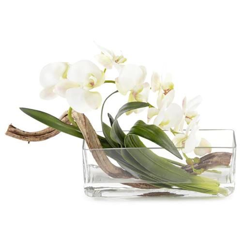 John-Richard French White Curly Orchid Glass Vase Faux Floral Arrangement | Kathy Kuo Home