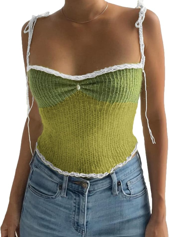 Women Halter Crochet Tops Sleeveless Knit Tank Tops Y2K Summer Crop Camisole Vest Top | Amazon (US)