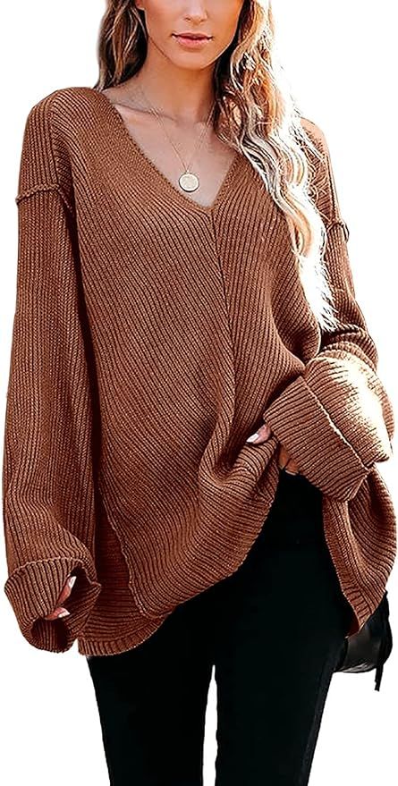 Womens Tunic Sweater V Neck Off Shoulder Oversized Sweaters Loose Knit Long Sleeve Casual Jumper ... | Amazon (US)