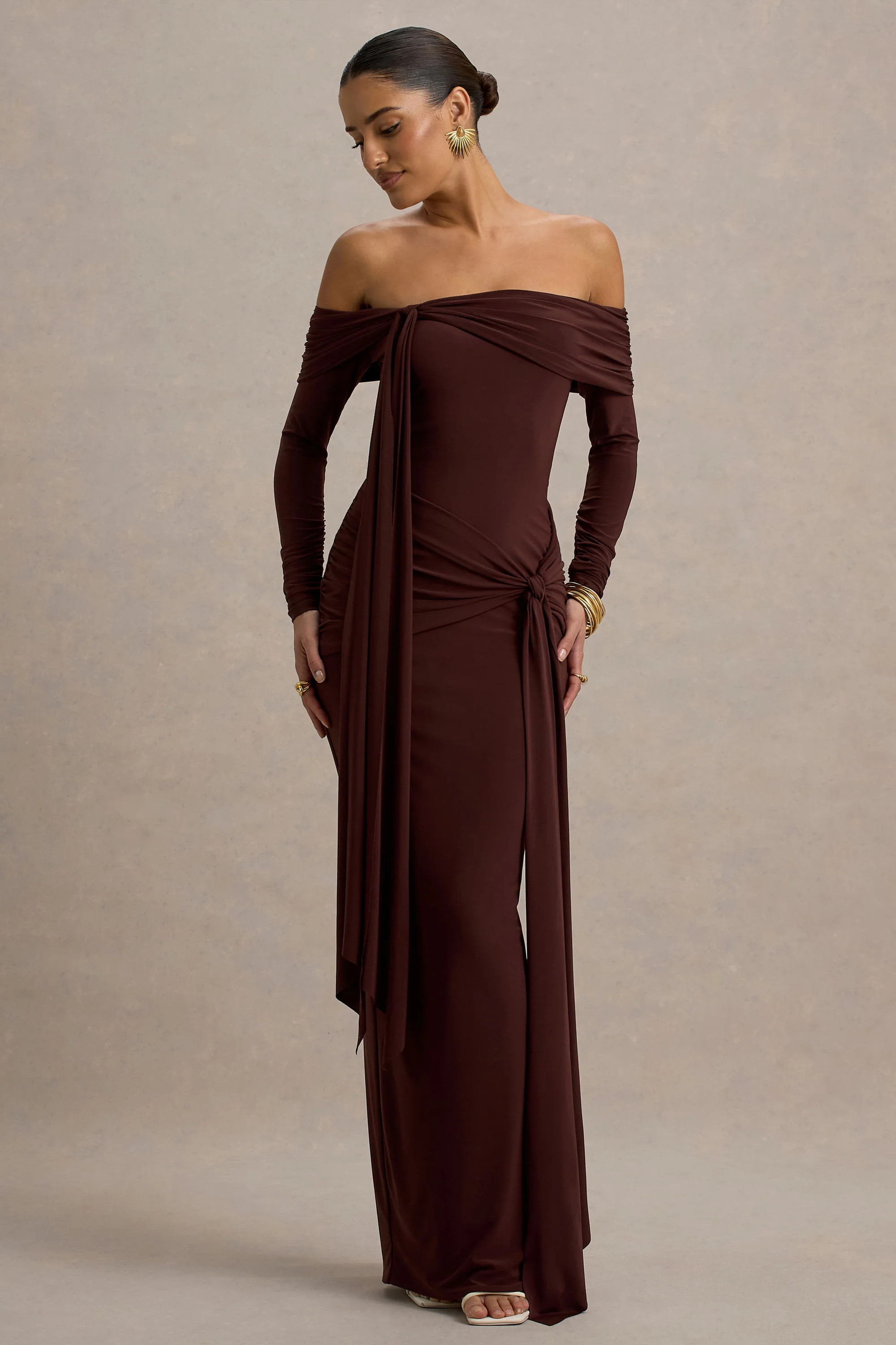 Jovie | Brown Bardot Wrap Maxi Dress With Sash Detail | Club L London