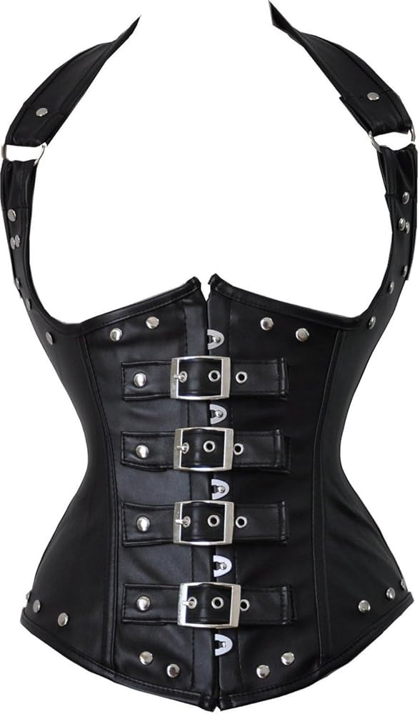 Women's Steampunk Faux Leather Bustier Halter Shoulder Straps Underbust Corset Top | Amazon (US)