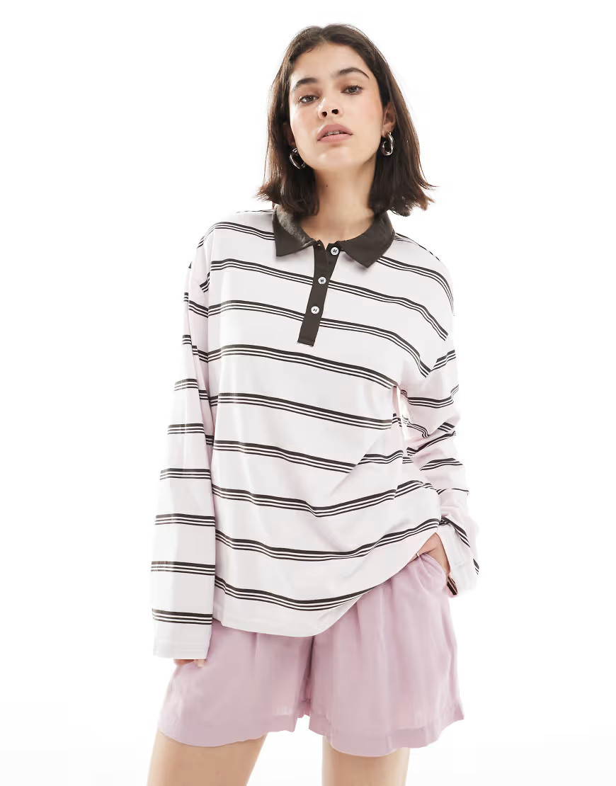 Pieces oversized rugby polo in pink and brown stripe | ASOS (Global)