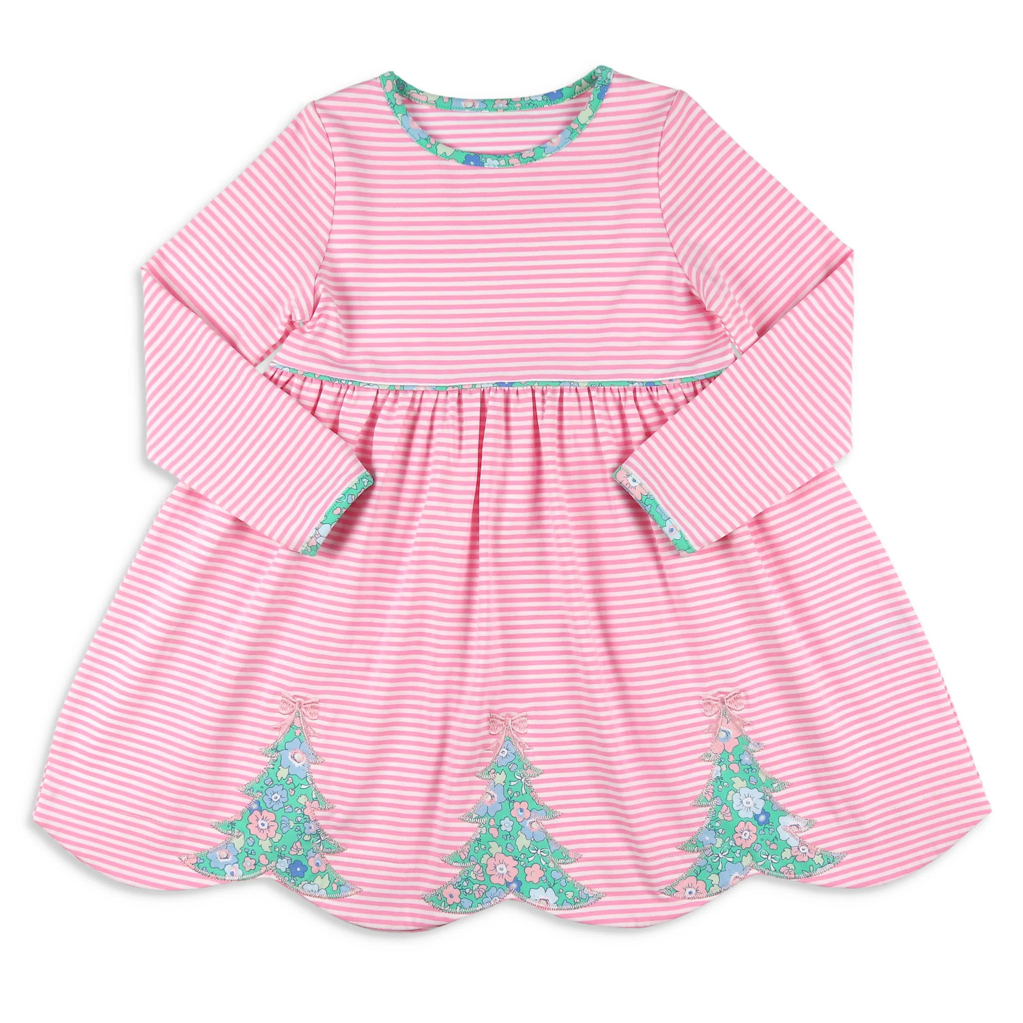 Girls Christmas Tree Dress - Pink Stripe - Shrimp and Grits Kids | Shrimp and Grits Kids