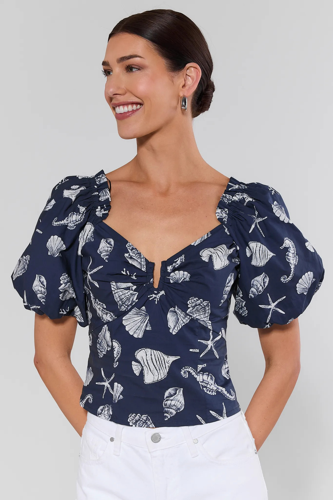 Delphine Navy Seashell Printed Top | Avara