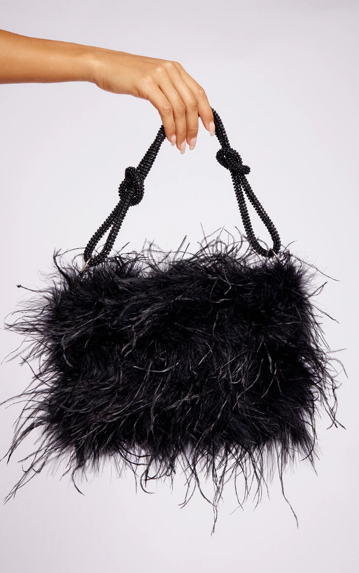 Black Feather Diamante Knot Handle Bag | PrettyLittleThing CAN