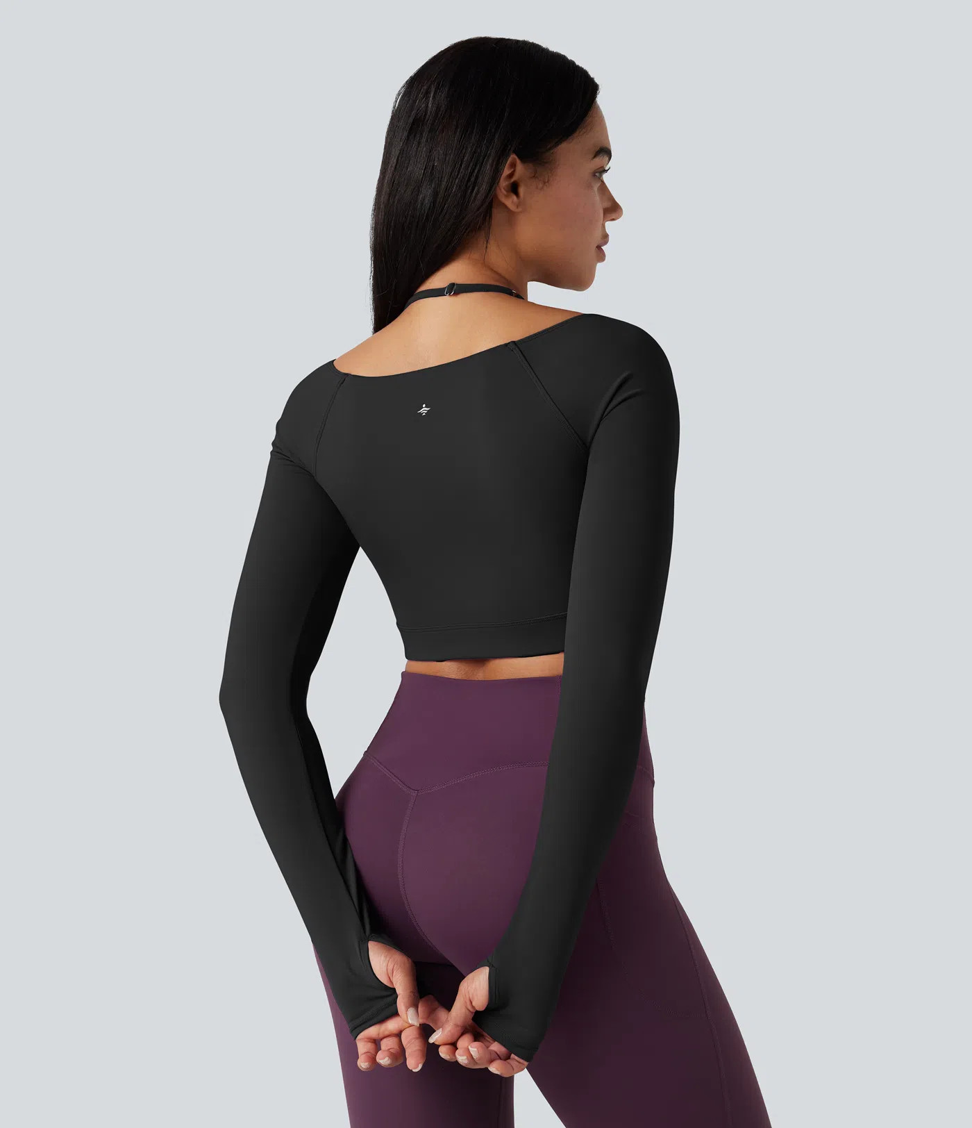 SoftlyZero™ Plush Adjustable Halter Long Sleeve Thumb Holes Cropped Yoga Sports Top | HALARA