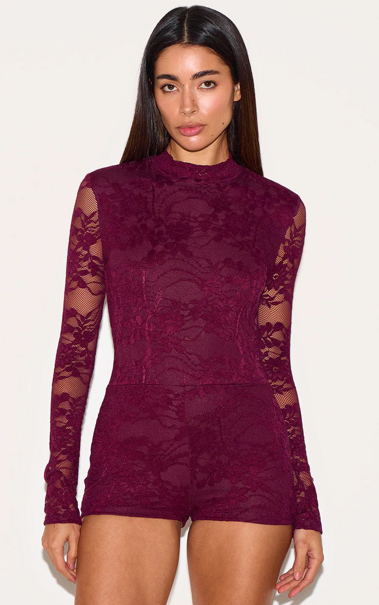 Plum Lace Lined Long Sleeve Boat Neck Playsuit | Pretty Little Thing (Australia & New Zealand)