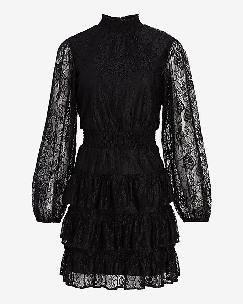 Lace Mock Neck Long Sleeve Tiered Ruffle Dress | Express