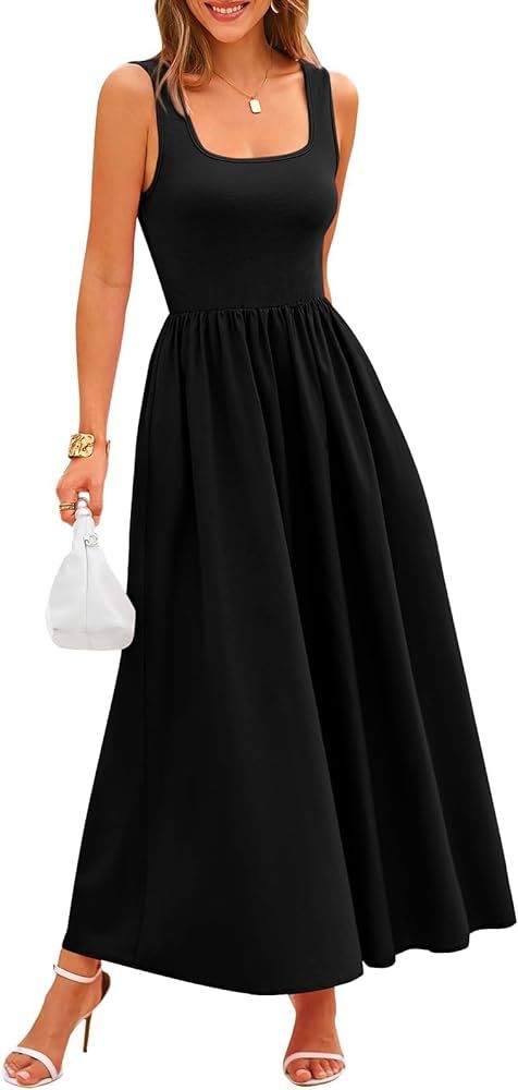 Women's 2024 Summer Maxi Dress Casual Sleeveless Square Neck Flowy Long Beach Elegant Tank Sundre... | Amazon (US)