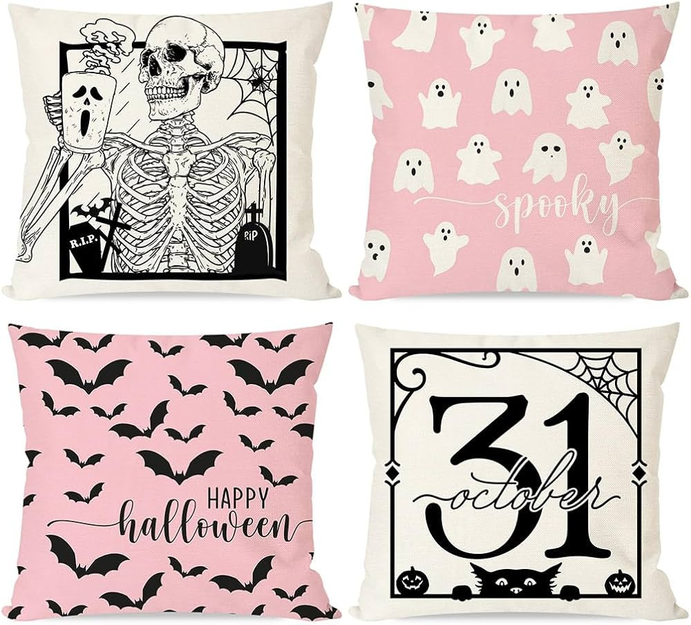Pink Halloween Throw Pillow Covers 18x18 Set of 4 Skeleton Bats Black Cat Ghost Fall Halloween De... | Amazon (US)