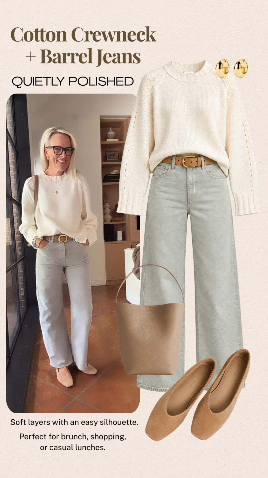 This cotton crewneck and barrel-leg jean combination is such an easy neutral outfit. I love the soft ivory sweater with the light-wash denim, finished with a tan belt, simple flats, and a structured neutral bag. It’s polished without feeling overdone and works beautifully for brunch, shopping, or a casual lunch.

#LTKootd #LTKgrwm #LTKOver40