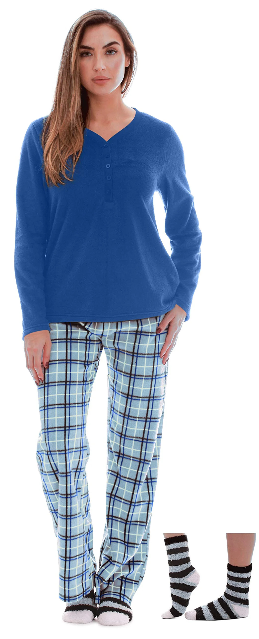 Just Love Womens Ultra-Soft Pajama Pant Set with Matching Socks (Blue Plaid, 1X) | Walmart (US)