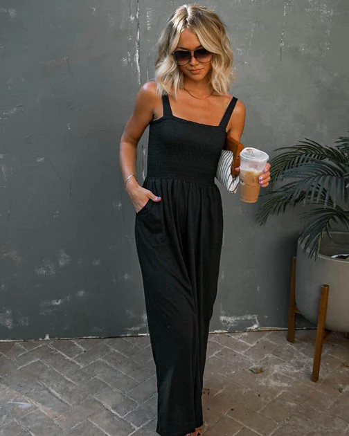 Mattea Smocked Pocketed Jumpsuit - Black | VICI