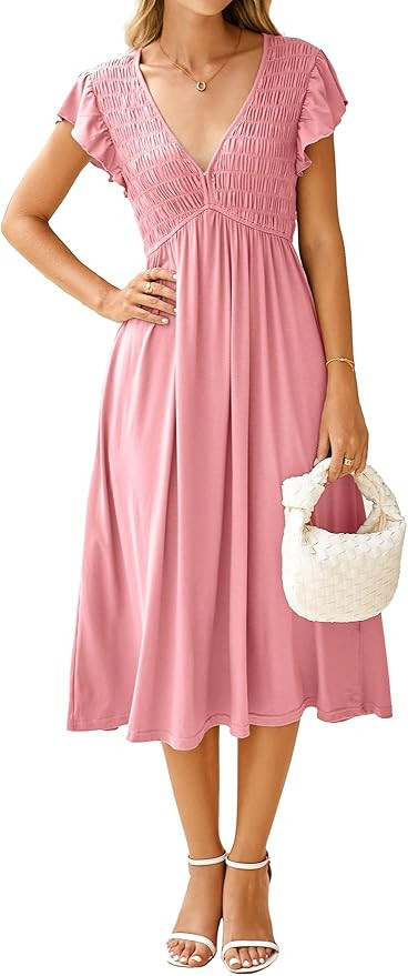 BerryGo Womens Summer Casual Midi Dress V Neck Flutter Short Sleeve Smocked A Line Flowy Graduati... | Amazon (US)