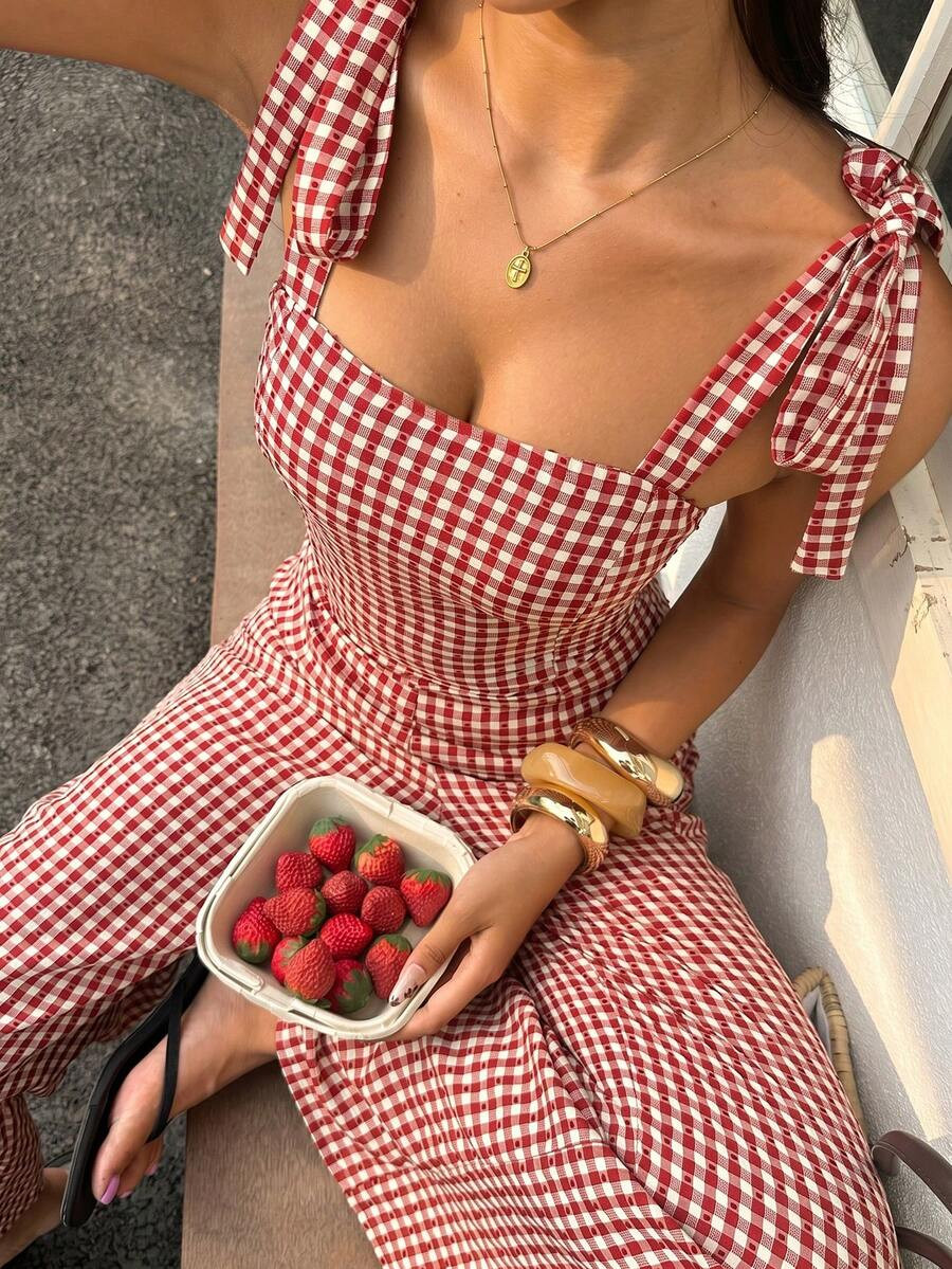 LocalSunnyshic Women's Plaid Bandeau Bow Tie Cinched Waist Romper, Sweet European And American St... | SHEIN