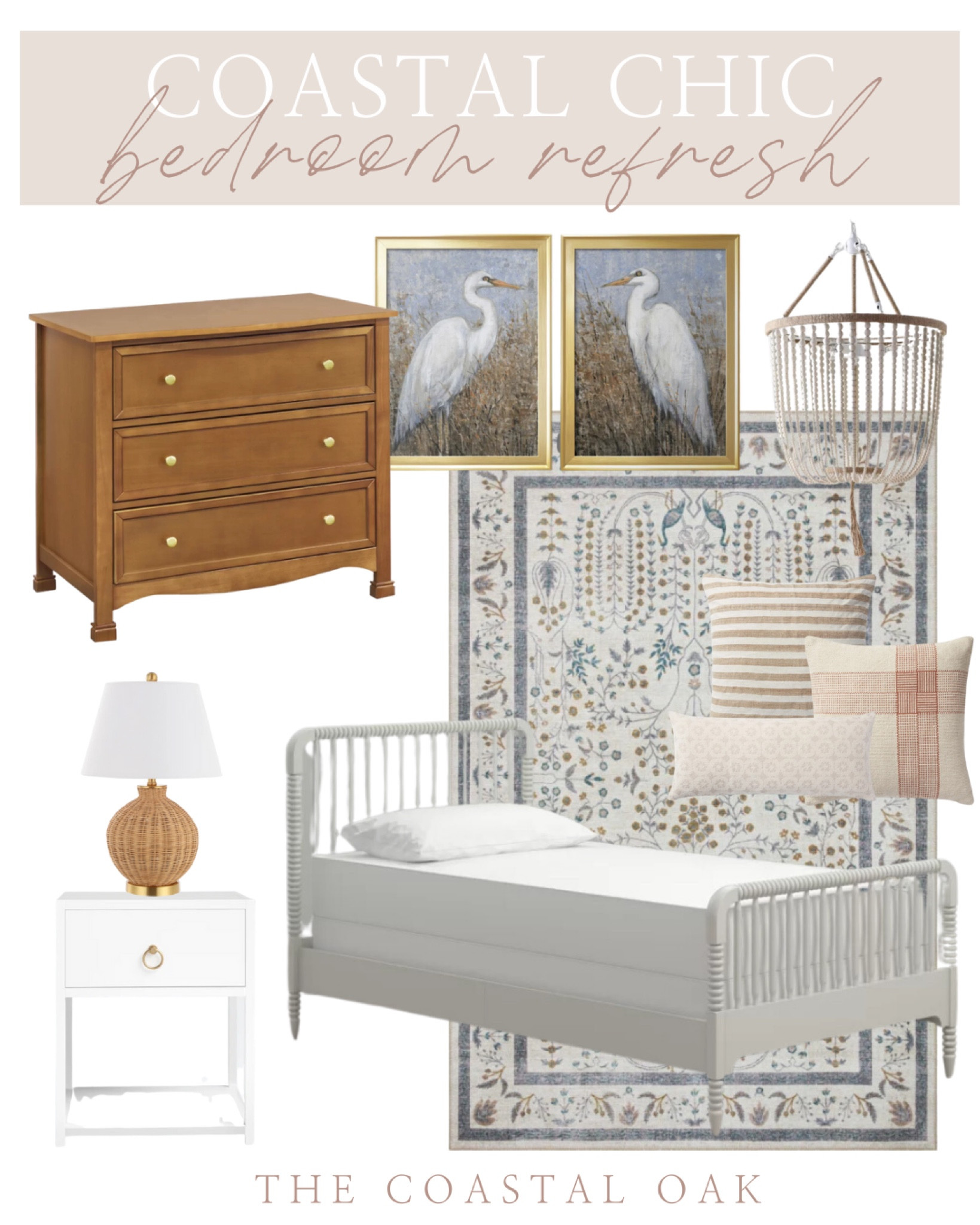 Coastal chic bedroom design from wayfair on a budget 

Wooden chest dresser bird print heron coastal crane magnolia wayfair Jenny Lind spindle bed girls room teen room guest room rattan lamp beaded chandelier 

#LTKhome #LTKsalealert #LTKstyletip